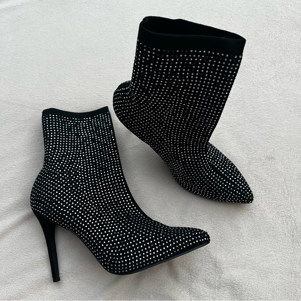 4 inch Shela black rhinestone sock booties women’s size 8.5
